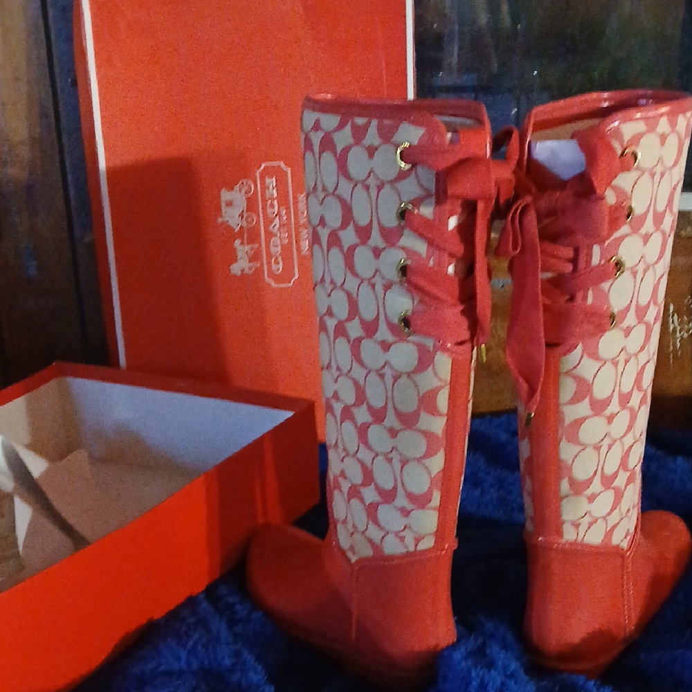 Coach Women's Red and Cream Lace-Up Boots